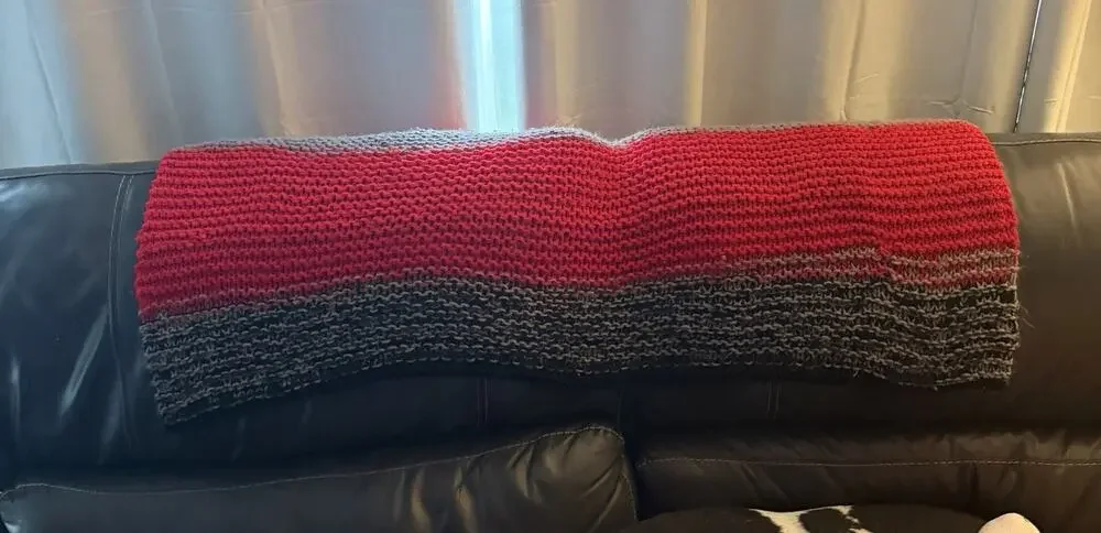 Handmade Crocheted Afghan Throw Blanket Red, Grey, and Black. 50”X 50”
